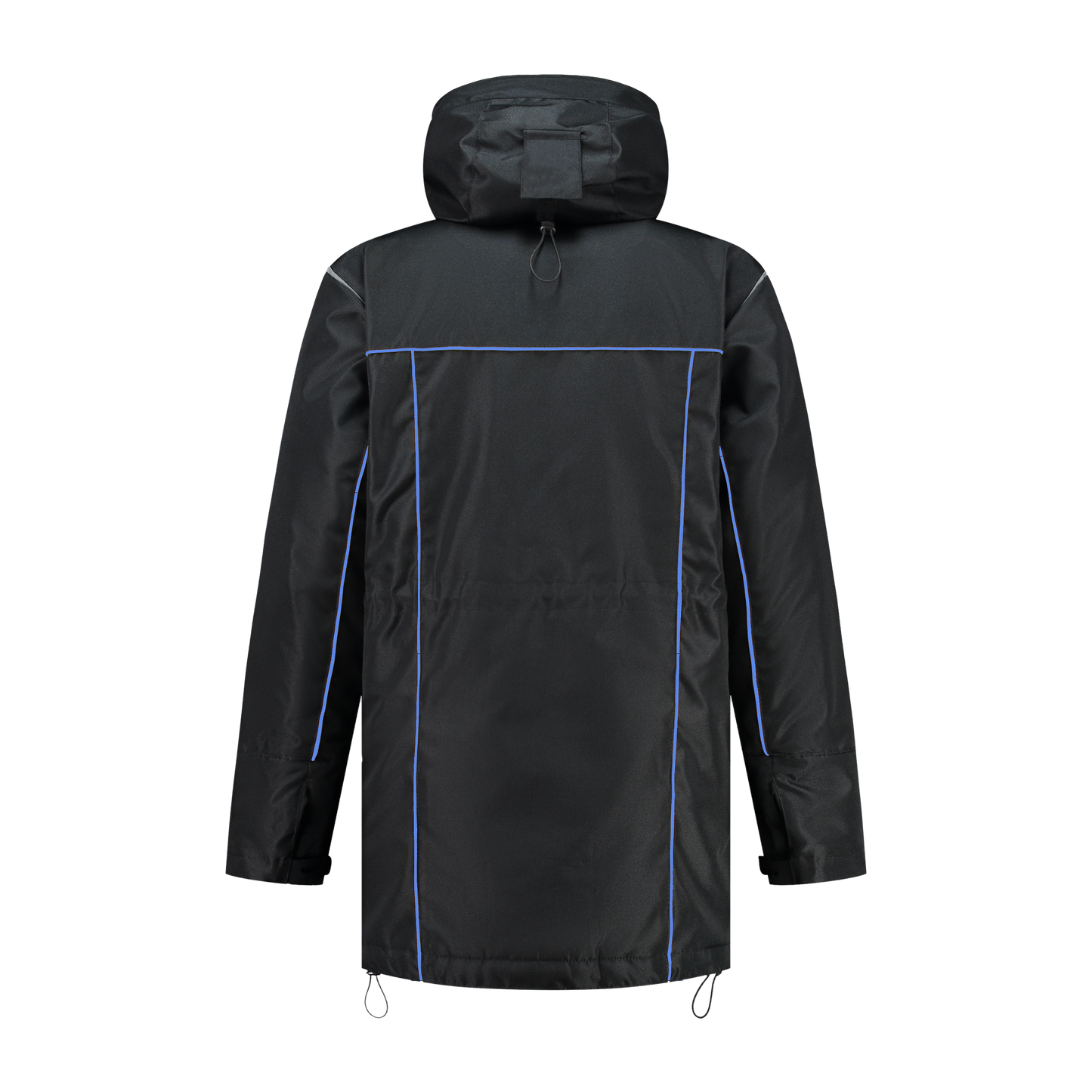 Winter werkjas zwart met kleuraccent blauw- voor professionals warm, waterdicht en herkenbaar