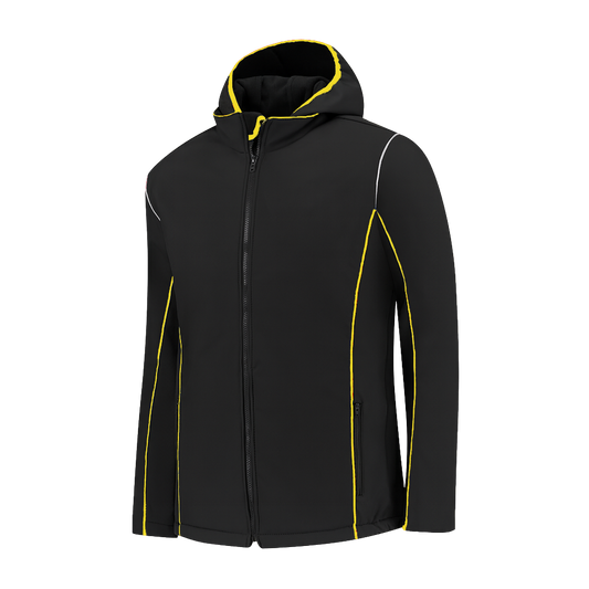 Softshell Werkjas zwart met kleuraccent geel- voor Professionals comfortabel, waterafstotend en winddicht