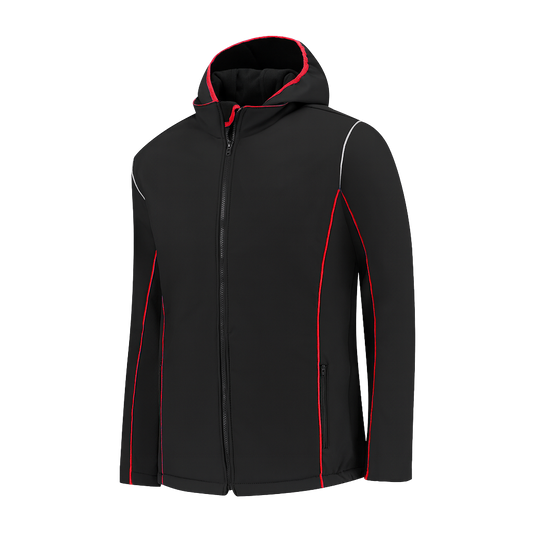 Softshell Werkjas zwart met kleuraccent rood- voor Professionals comfortabel, waterafstotend en winddicht