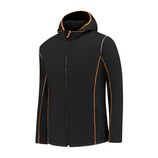 Softshell Werkjas zwart met kleuraccent oranje- voor Professionals comfortabel, waterafstotend en winddicht