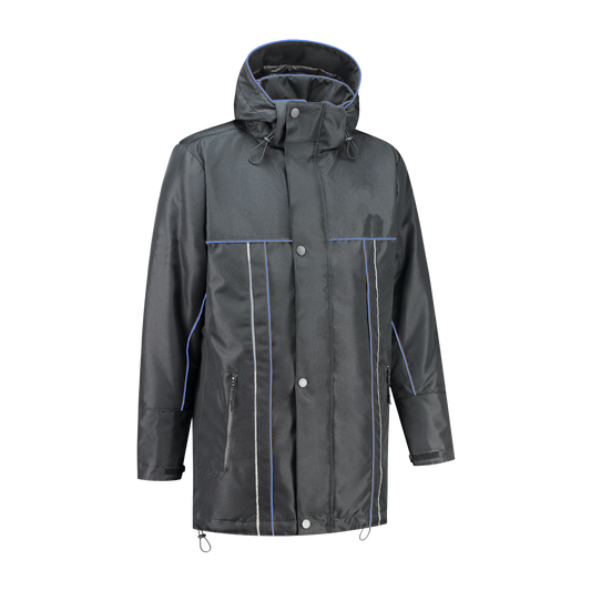 Winter werkjas antreciet met kleuraccent blauw voor professionals  warm, waterdicht en herkenbaar