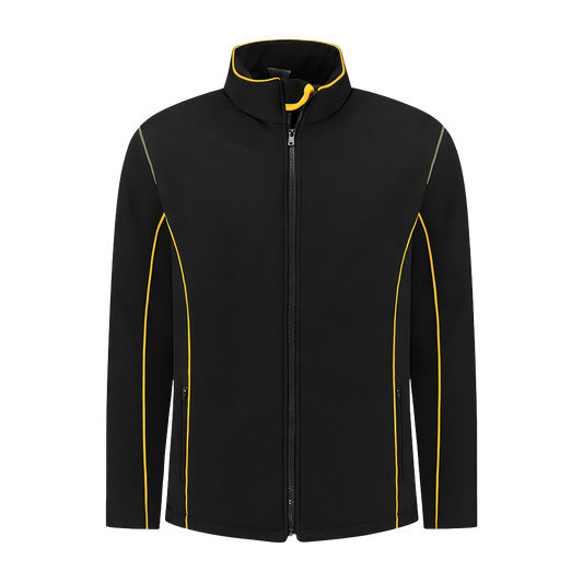 Softshell Werkjas zwart met kleuraccent geel-  voor Professionals comfortabel, waterafstotend en winddicht