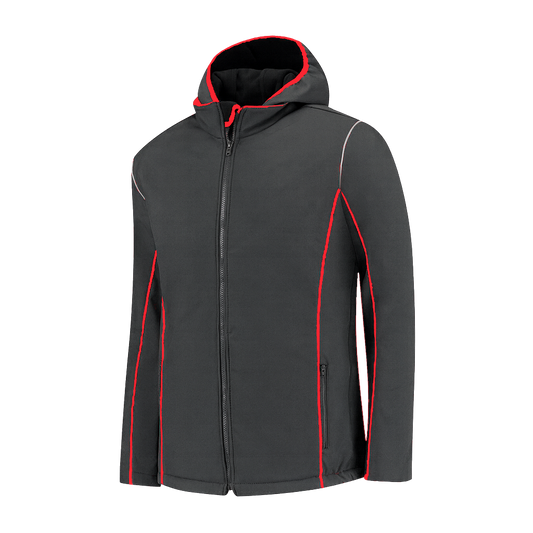 Softshell Werkjas antraciet met kleuraccent rood- voor Professionals comfortabel, waterafstotend en winddicht