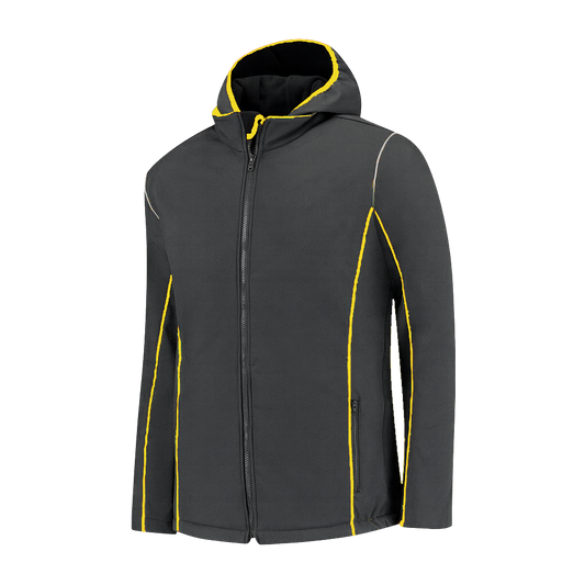 Softshell Werkjas antraciet met kleuraccent geel- voor Professionals comfortabel, waterafstotend en winddicht