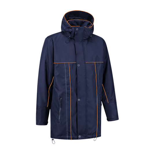 Winter werkjas blauw met kleuraccent oranje- voor professionals warm, waterdicht en herkenbaar