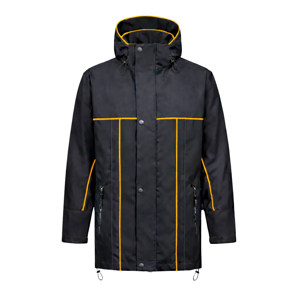 Winter werkjas zwart met kleuraccent geel- voor professionals warm, waterdicht en herkenbaar