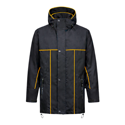 Winter werkjas zwart met kleuraccent geel- voor professionals warm, waterdicht en herkenbaar