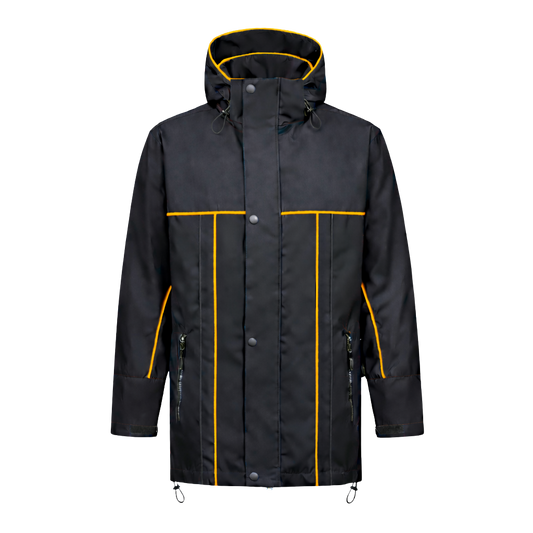 Winter werkjas zwart met kleuraccent geel- voor professionals warm, waterdicht en herkenbaar