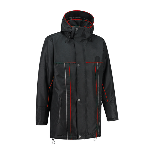 Winter werkjas zwart met kleuraccent rood- voor professionals warm, waterdicht en herkenbaar
