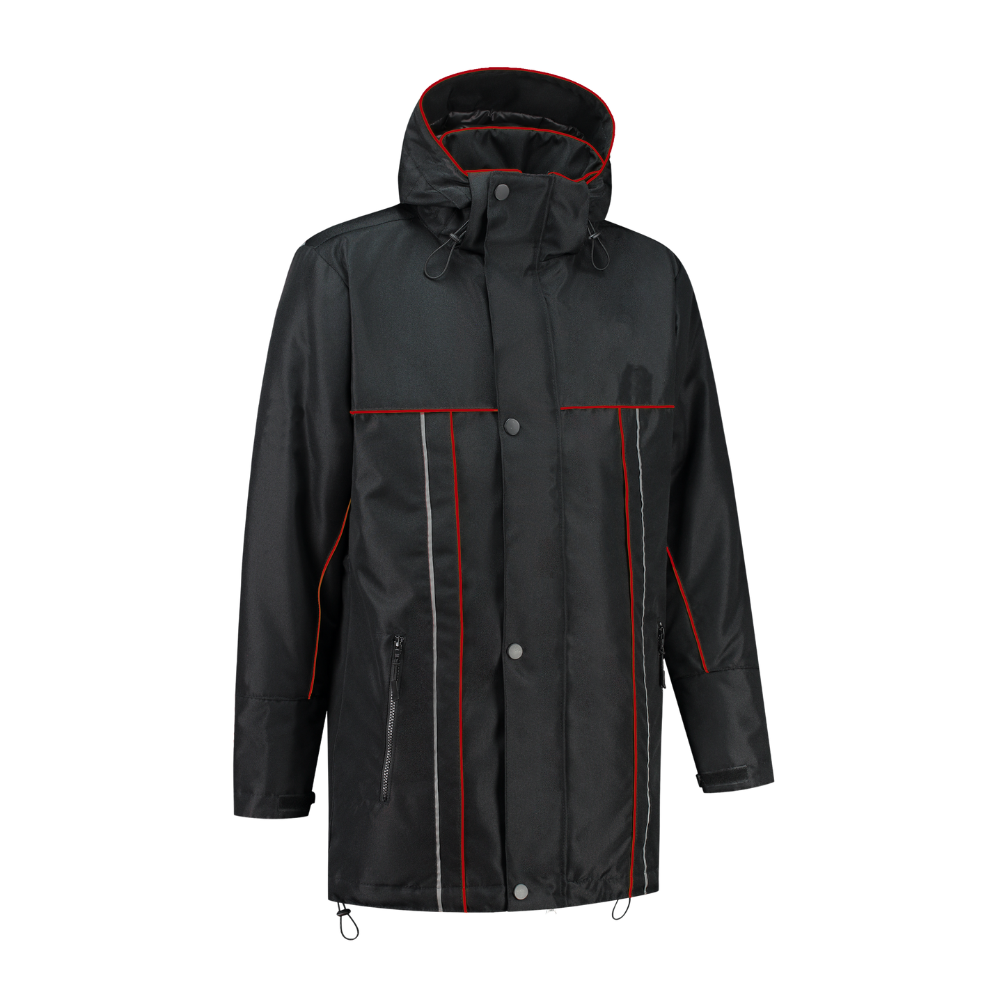 Winter werkjas zwart met kleuraccent rood- voor professionals warm, waterdicht en herkenbaar