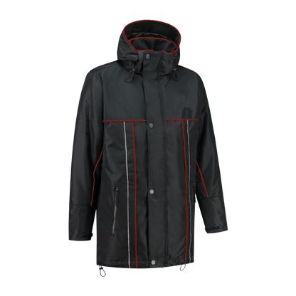 Winter werkjas zwart met kleuraccent rood- voor professionals warm, waterdicht en herkenbaar