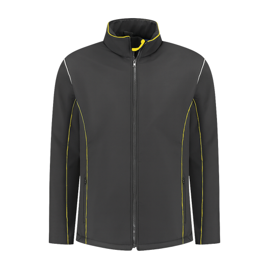 Softshell Werkjas antraciet met kleuraccent geel- voor Professionals comfortabel, waterafstotend en winddicht