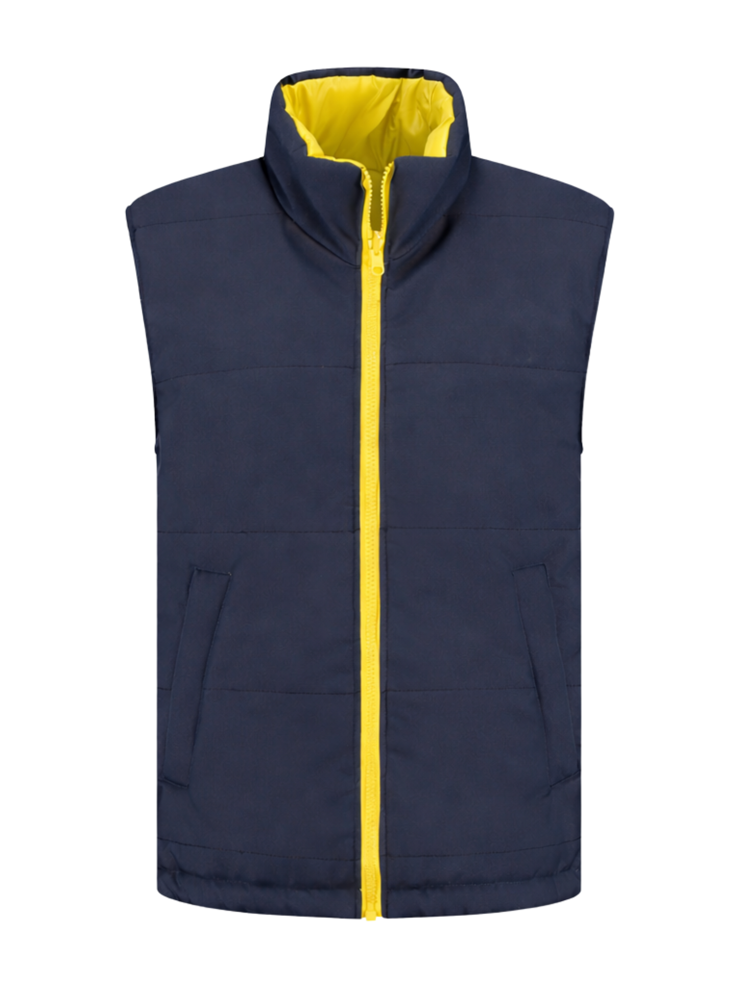 Omkeerbare werkbodywarmer – navy/geel