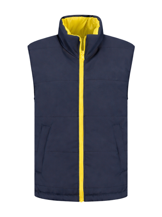 Omkeerbare werkbodywarmer – navy/geel