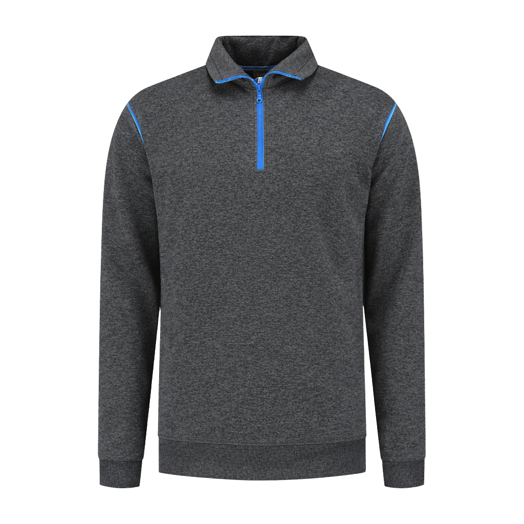 Werksweater Antraciet met kleuraccent blauw- voor professionals comfortabel, representatief en duurzaam