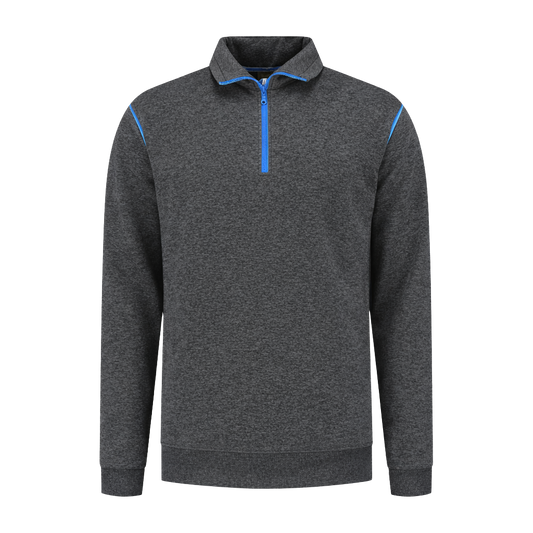 Werksweater Antraciet met kleuraccent blauw- voor professionals comfortabel, representatief en duurzaam