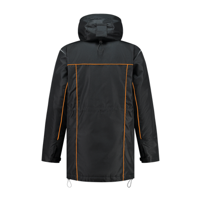 Winter werkjas zwart met kleuraccent oranje- voor professionals warm, waterdicht en herkenbaar
