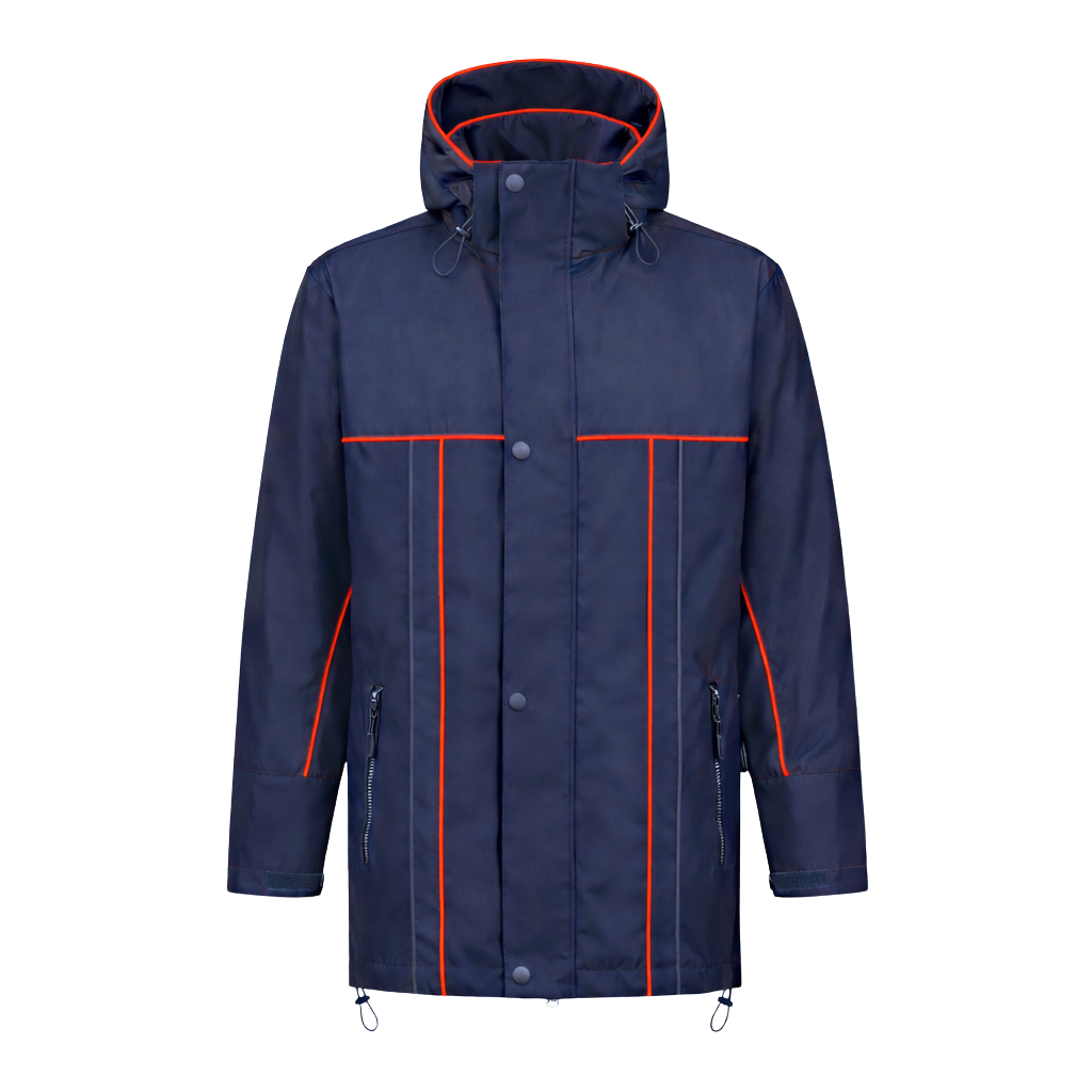 Winter werkjas blauw met kleuraccent rood- voor professionals warm, waterdicht en herkenbaar