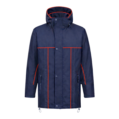 Winter werkjas blauw met kleuraccent rood- voor professionals warm, waterdicht en herkenbaar