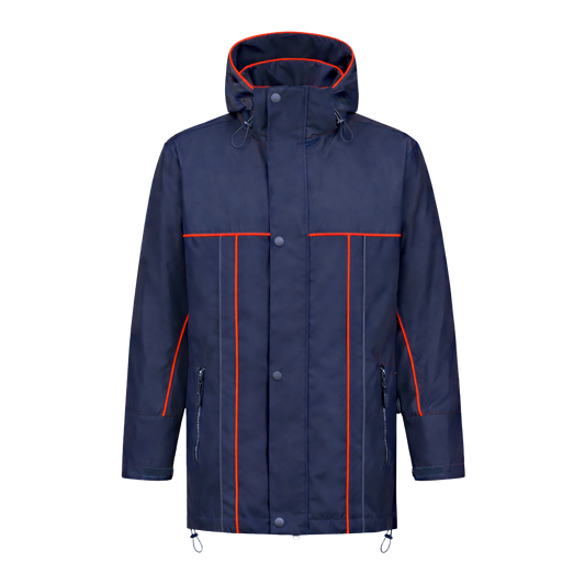 Winter werkjas blauw met kleuraccent rood- voor professionals warm, waterdicht en herkenbaar