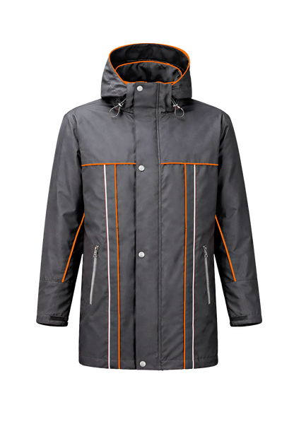 Winter werkjas antreciet met kleuraccent oranje voor professionals warm, waterdicht en herkenbaar