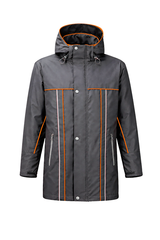 Winter werkjas antreciet met kleuraccent oranje voor professionals warm, waterdicht en herkenbaar