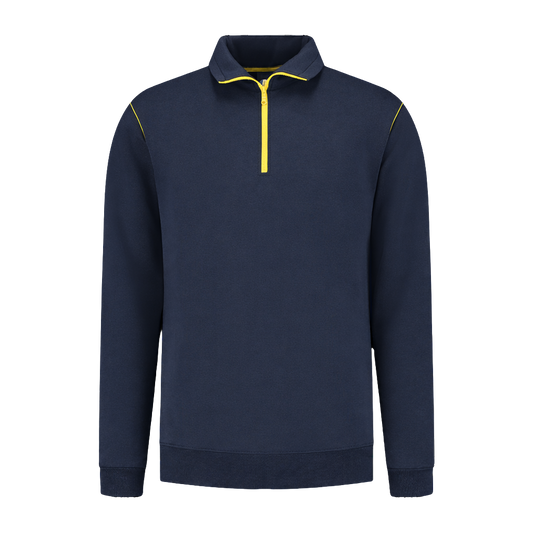 Werksweater Navy met kleuraccent geel- voor professionals comfortabel, representatief en duurzaam