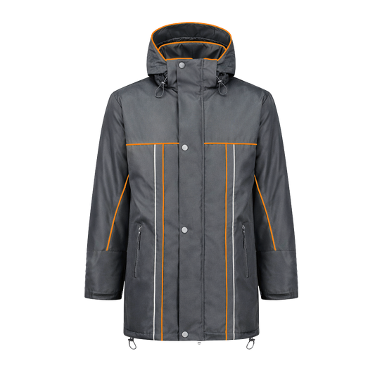 Winter werkjas antreciet met kleuraccent oranje voor professionals warm, waterdicht en herkenbaar