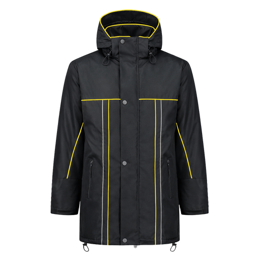 Winter werkjas zwart met kleuraccent geel- voor professionals warm, representatief en duurzaam
