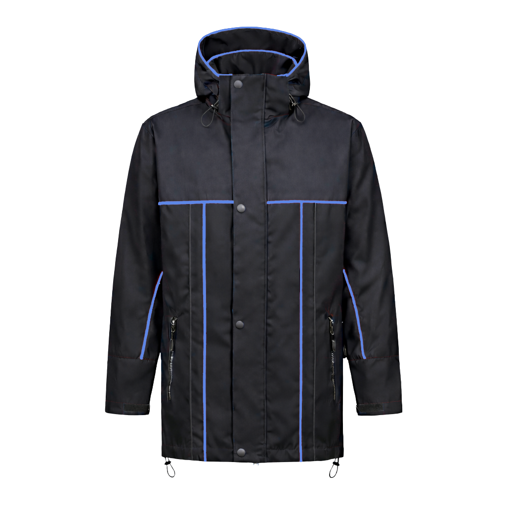 Winter werkjas zwart met kleuraccent blauw- voor professionals warm, waterdicht en herkenbaar