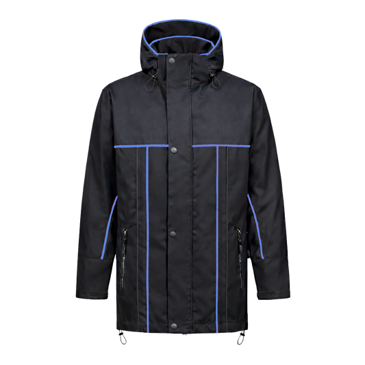 Winter werkjas zwart met kleuraccent blauw- voor professionals warm, waterdicht en herkenbaar