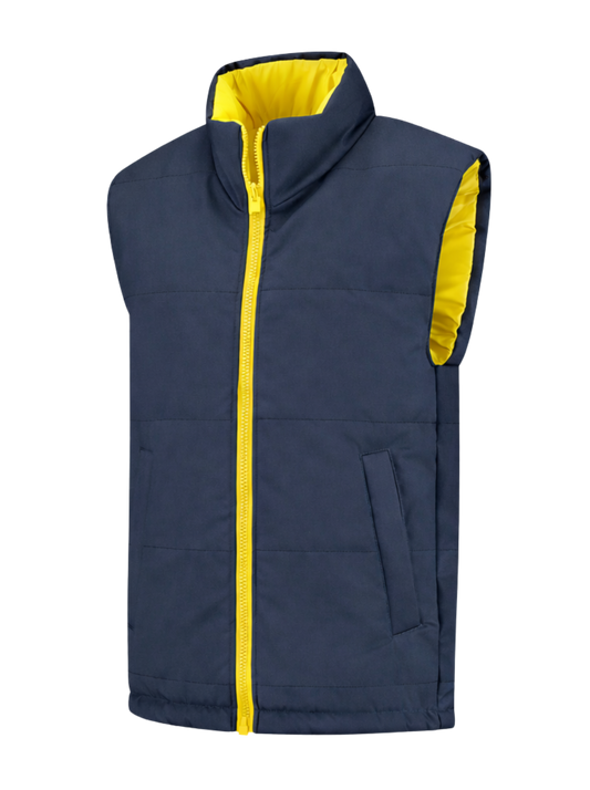 Omkeerbare werkbodywarmer – navy/geel