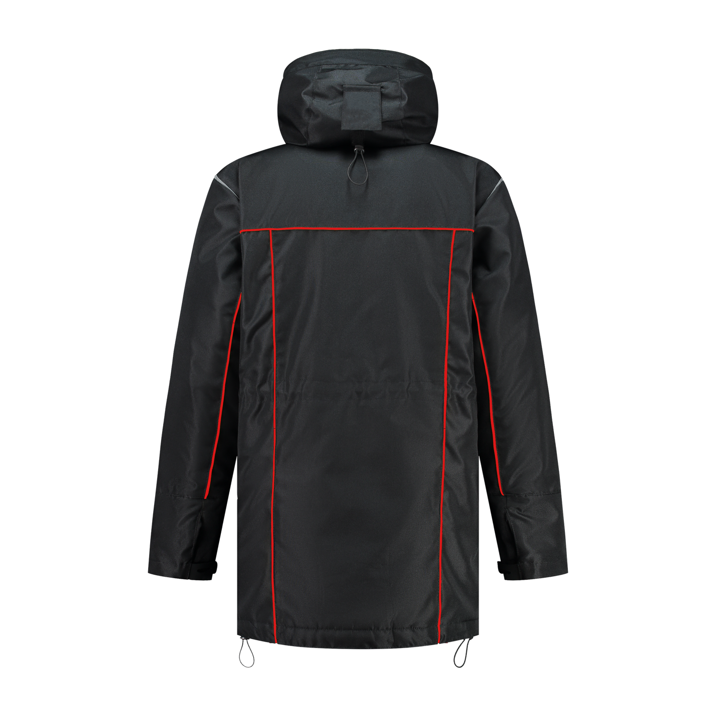 Winter werkjas zwart met kleuraccent rood- voor professionals warm, waterdicht en herkenbaar