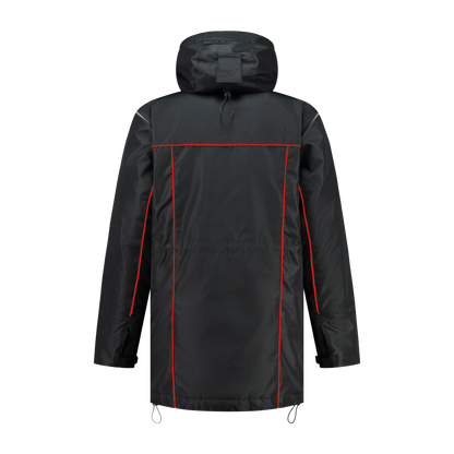 Winter werkjas zwart met kleuraccent rood- voor professionals warm, waterdicht en herkenbaar