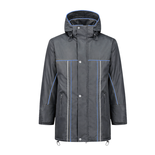 Winter werkjas antreciet met kleuraccent blauw voor professionals  warm, waterdicht en herkenbaar