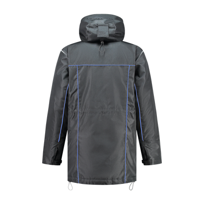 Winter werkjas antreciet met kleuraccent blauw voor professionals  warm, waterdicht en herkenbaar