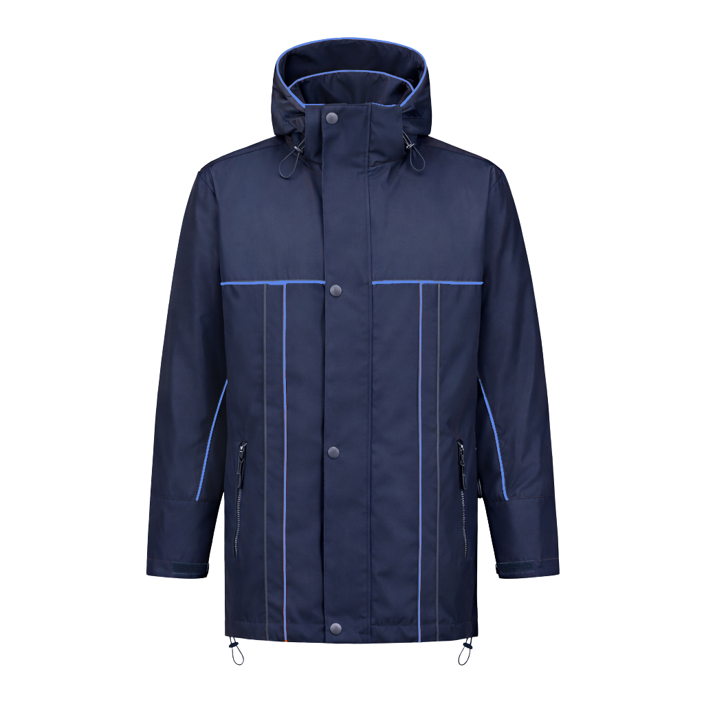 Winter werkjas blauw met kleuraccent blauw- voor professionals warm, waterdicht en herkenbaar