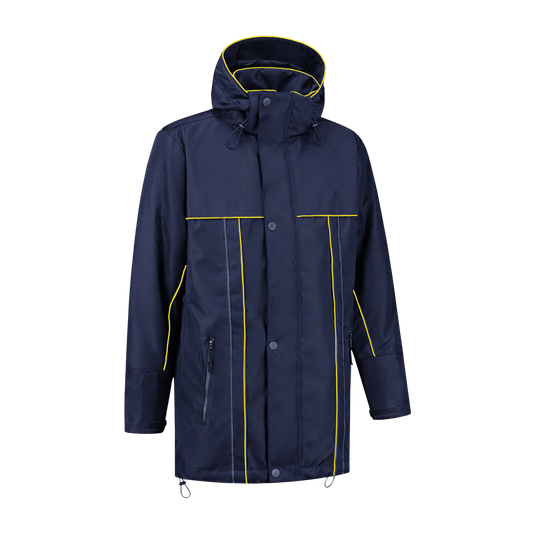 Winter werkjas blauw met kleuraccent geel- voor professionals warm, waterdicht en herkenbaar