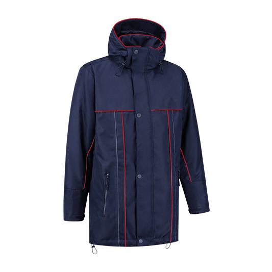 Winter werkjas blauw met kleuraccent rood- voor professionals warm, waterdicht en herkenbaar