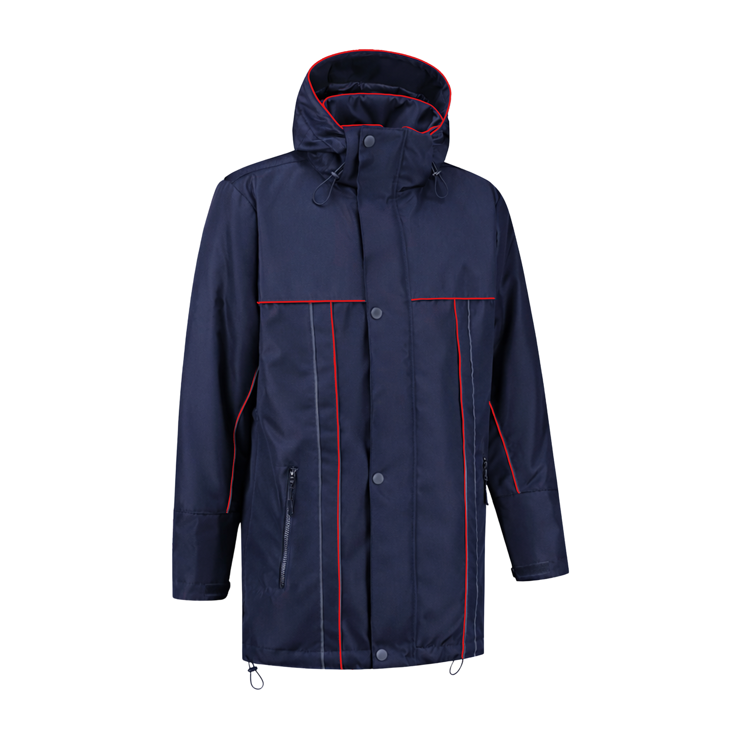 Winter werkjas blauw met kleuraccent rood- voor professionals warm, waterdicht en herkenbaar