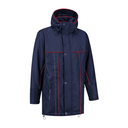 Winter werkjas blauw met kleuraccent rood- voor professionals warm, waterdicht en herkenbaar