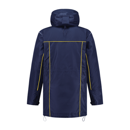 Winter werkjas blauw met kleuraccent geel- voor professionals warm, waterdicht en herkenbaar