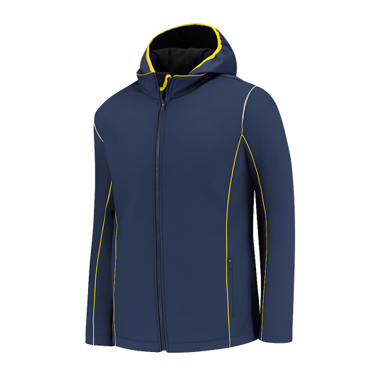 Softshell Werkjas Navy met kleuraccent blauw- voor Professionals comfortabel, waterafstotend en winddicht