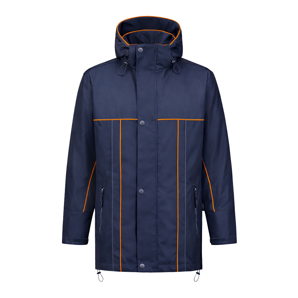 Winter werkjas blauw met kleuraccent oranje- voor professionals warm, waterdicht en herkenbaar