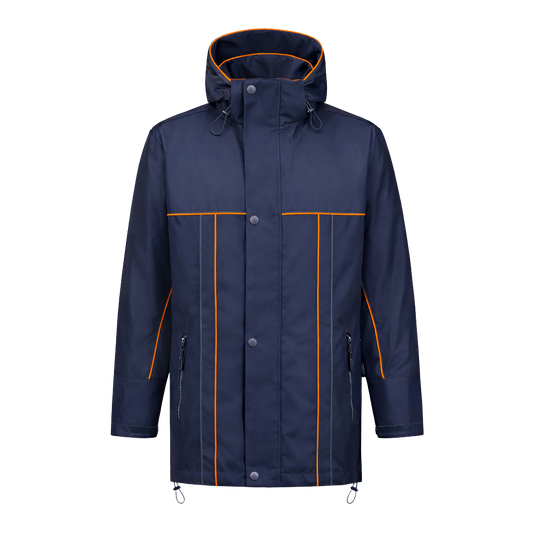 Winter werkjas blauw met kleuraccent oranje- voor professionals warm, waterdicht en herkenbaar