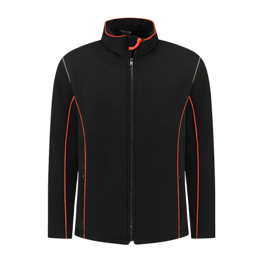 Softshell Werkjas zwart met kleuraccent rood- voor Professionals comfortabel, waterafstotend en winddicht