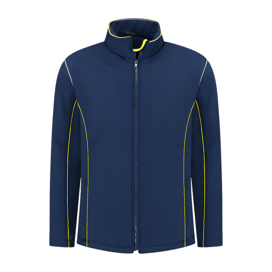 Softshell Werkjas Navy met kleuraccent blauw- voor Professionals comfortabel, waterafstotend en winddicht