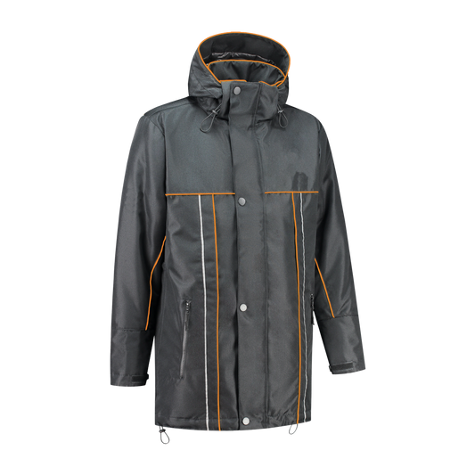 Winter werkjas antreciet met kleuraccent oranje voor professionals warm, waterdicht en herkenbaar
