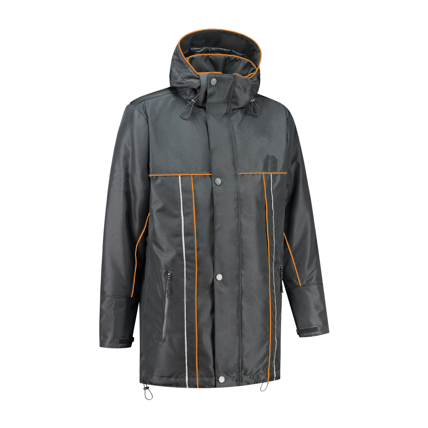 Winter werkjas antreciet met kleuraccent oranje voor professionals warm, waterdicht en herkenbaar