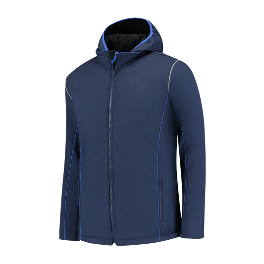 Softshell Werkjas Navy met kleuraccent blauw- voor Professionals comfortabel, waterafstotend en winddicht